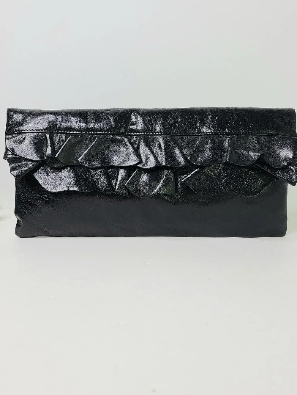 HOBO International Black Genuine Leather Ruffle Clutch Bag